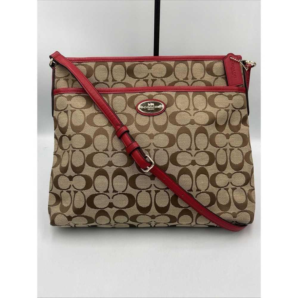 Classic COACH Crossbody File Purse Signature C Logo Khaki Red Leather Trim